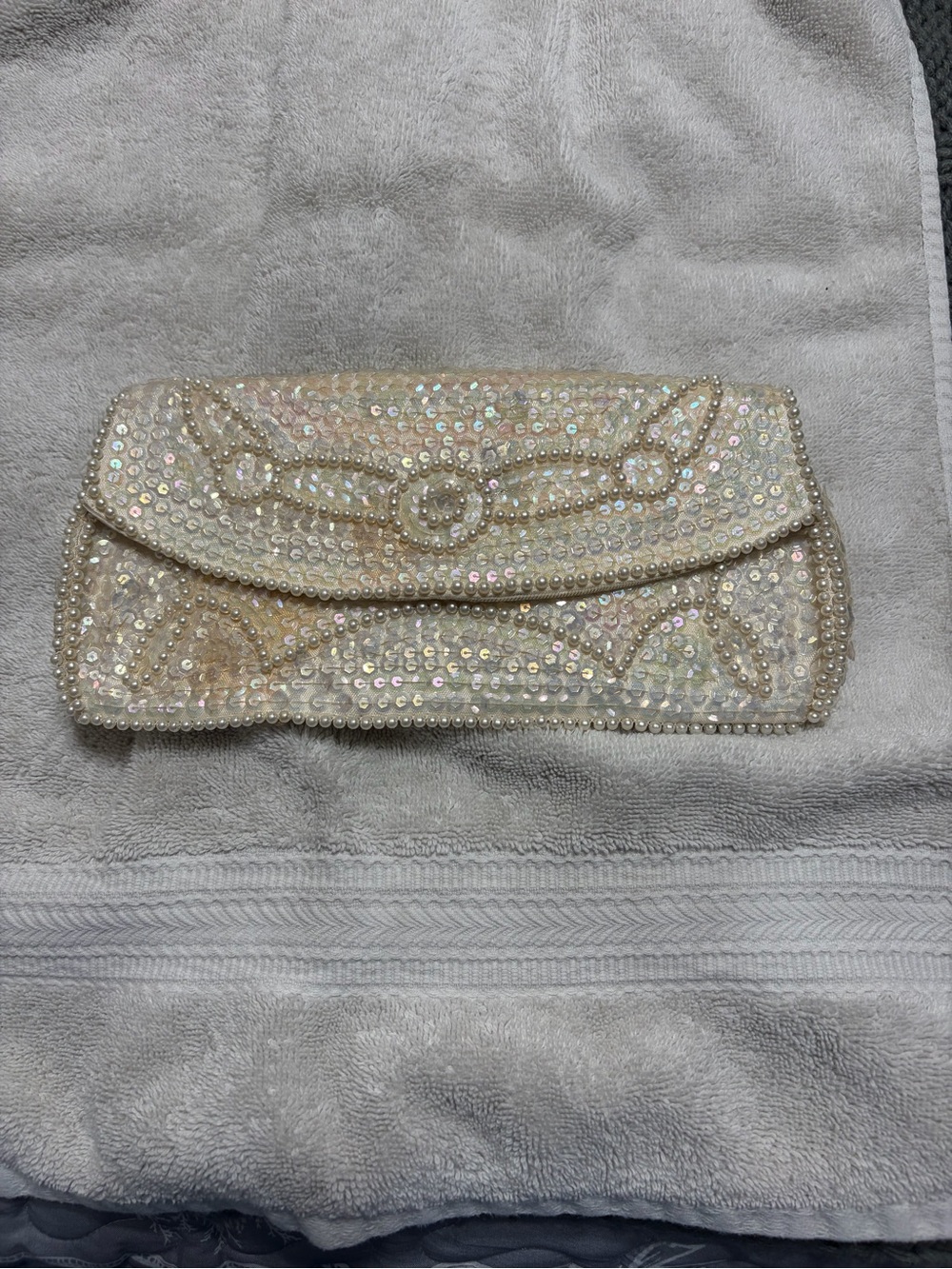 Iridescent Sequin Pearl Trim Clutch - Ivory